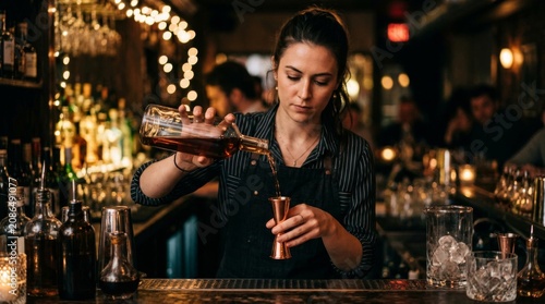 Female bartender pouring alcohol into a jigger at a busy dark bar.