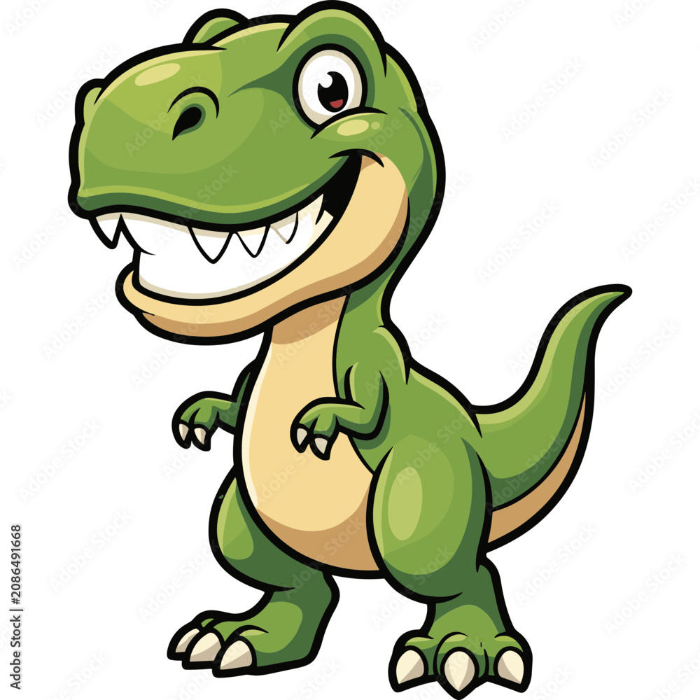 Fototapeta premium A happy cartoon dinosaur with sharp teeth and claws stands on a plain.