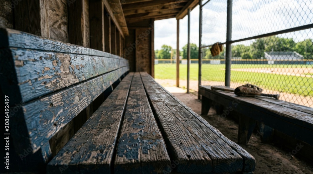Fototapeta premium Empty baseball dugout bench at a quiet local community field.