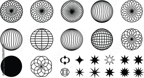 Photos Abstract geometric wireframe spheres line art circles grid globes and retro star