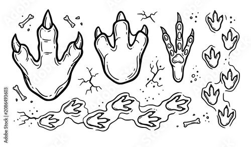 Foto Dinosaur footprints and bones sketch collection paleontology illustration black