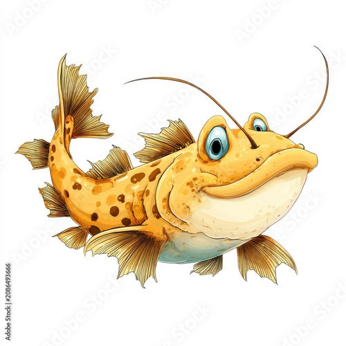 Cute Cartoon Yellow Spotted Fish Character With Large Blue Eyes Isolated On White Background