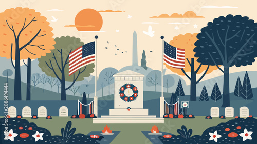 Fotografi Illustrated memorial park sunset with flags and wreaths honoring veterans amidst