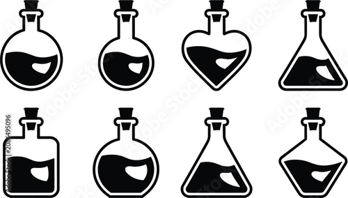 Foto Black and white magic potion bottle icons set featuring various laboratory glass