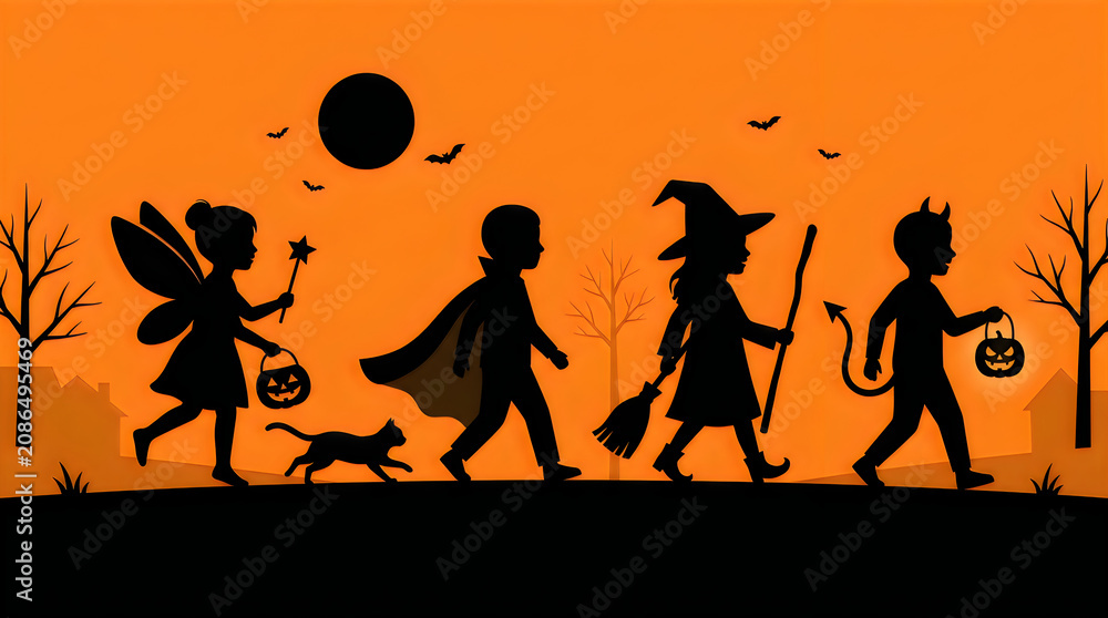 Fototapeta premium Halloween silhouette of children trick or treating, kids in spooky costumes walking at night, orange sunset background with witch and vampire isolated on White Background