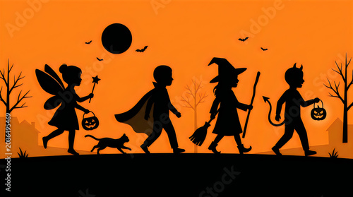 Halloween silhouette of children trick or treating, kids in spooky costumes walking at night, orange sunset background with witch and vampire isolated on White Background