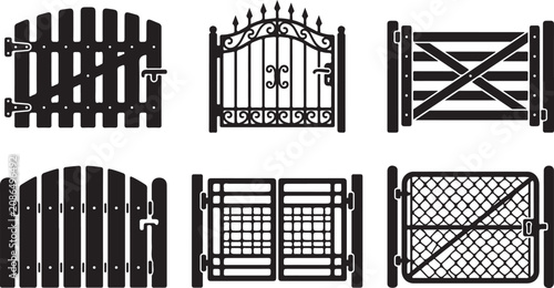 Six different styles of black metal gate designs in vector illustration Vector