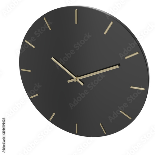 Modern black wall clock with polished gold hands background photo realistic 3d rendering PNG 16 bit with alpha channel