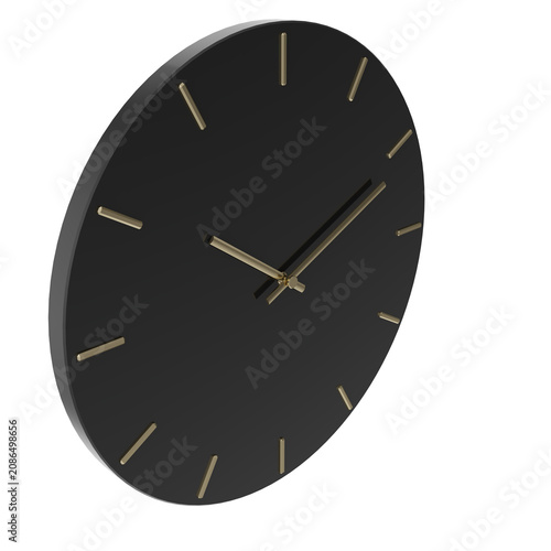Modern black wall clock with polished gold hands background photo realistic 3d rendering PNG 16 bit with alpha channel
