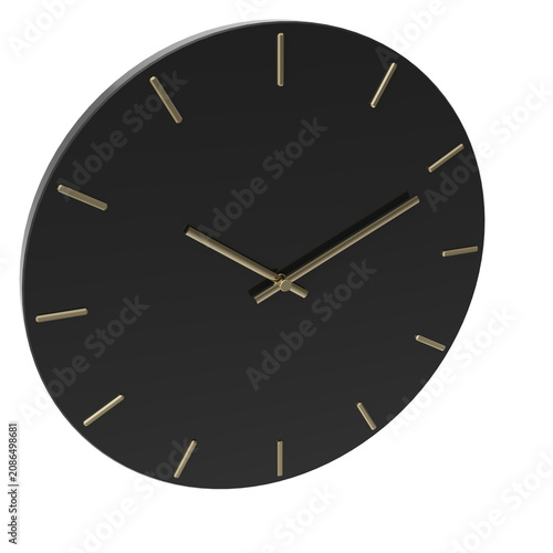Modern black wall clock with polished gold hands background photo realistic 3d rendering PNG 16 bit with alpha channel