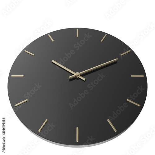 Modern black wall clock with polished gold hands background photo realistic 3d rendering PNG 16 bit with alpha channel