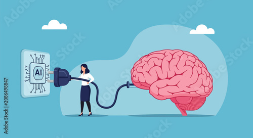 Quadro em tela Woman plugging artificial intelligence chip into human brain representing neural network integration and machine learning enhancement technology concept art