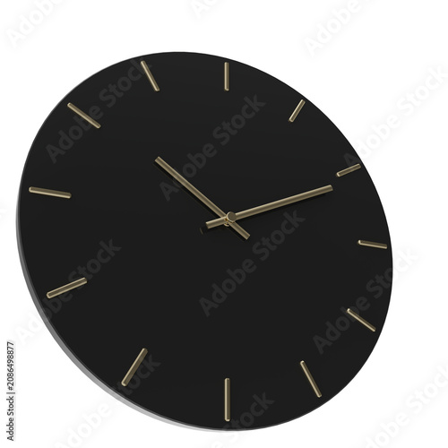 Modern black wall clock with polished gold hands background photo realistic 3d rendering PNG 16 bit with alpha channel