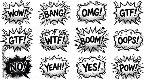 Φωτογραφία Collection of comic speech bubbles with halftone shading and expressive text wor