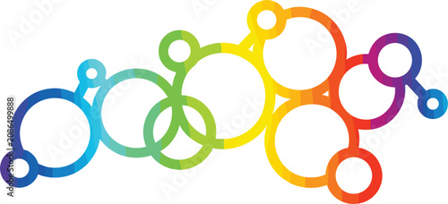 Colorful rainbow gradient connected circles abstract molecular structure background banner tech network communication vector graphic template