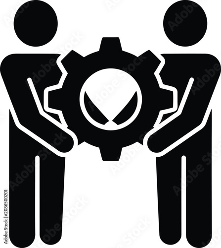 Two people working together holding a large mechanical gear icon