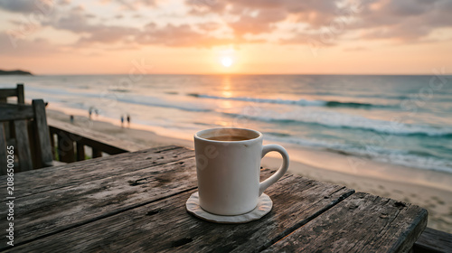 Serene ocean sunset view with a steaming coffee mug on a rustic wooden table overlooking the shoreline