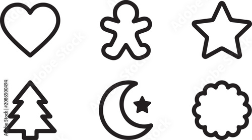Quadro su tela Set of six black line art cookie cutters with heart, star, snowflake, tree, cres