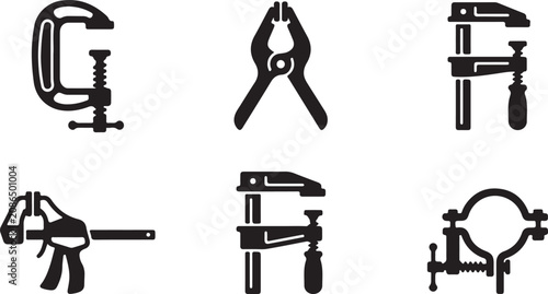 Obraz na płótnie Six types of black and white clamp tools icon set Vector