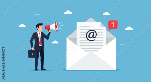 Obraz na plátně Businessman holding megaphone next to giant envelope with at symbol representing email marketing campaign communication strategy for customer outreach success