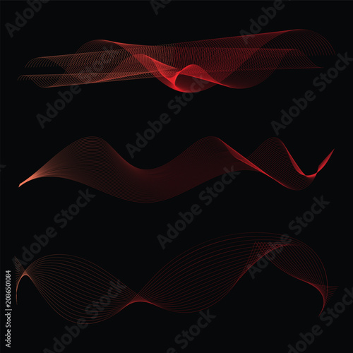 A set of three abstract red dynamic wave patterns isolated on a black background.