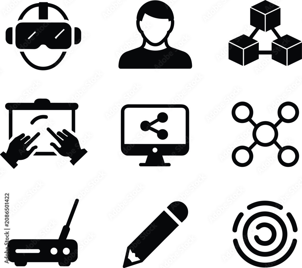 Fototapeta premium Digital technology black solid glyph icons set with virtual reality headset network connection network router symbol elements