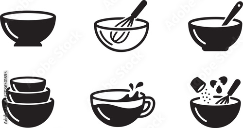 фотографія Six black and white bowls with cooking utensils and ingredients illustration Vec