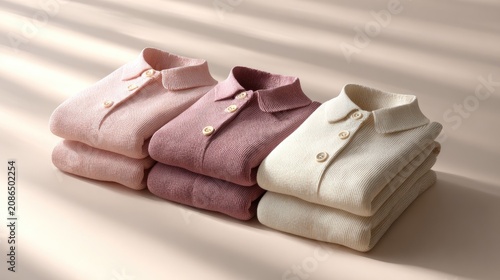 Folded pastel knit sweaters with soft shadows.