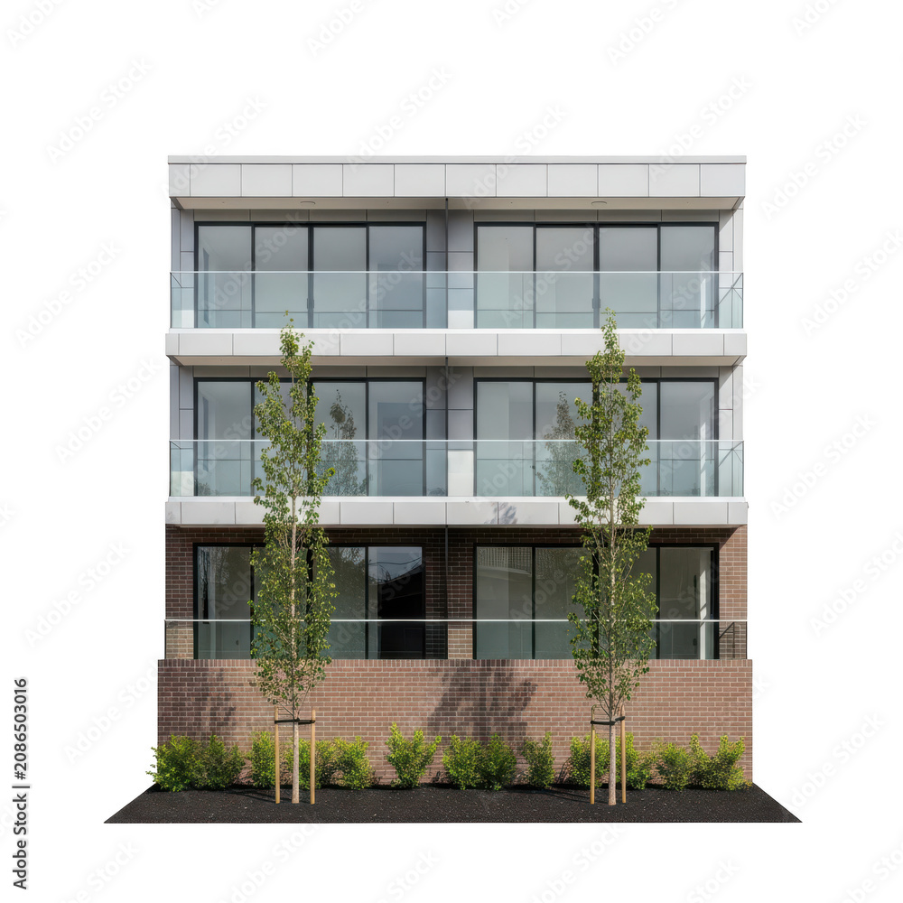 Fototapeta premium A contemporary three story residential building facade with balcony glass railings and brick