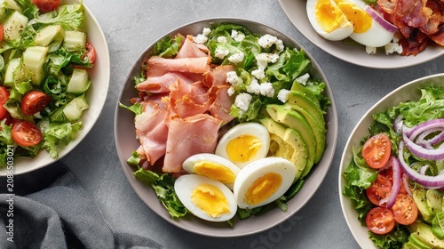 Fresh healthy keto salad with ham eggs and avocado.