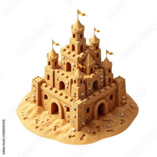 An Intricate Sandcastle With Multiple Towers Decorated With Shells On A Beach