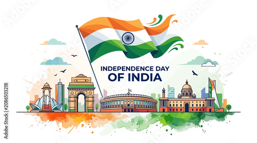 India Independence Day Celebration with Iconic Landmarks and Flag