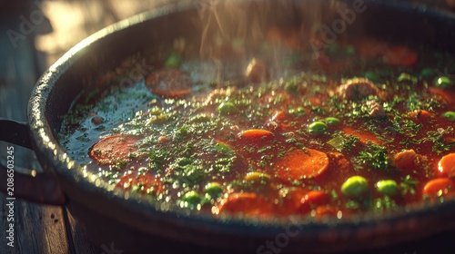 Freshly cooked vegetable stew steaming in a dark pot.