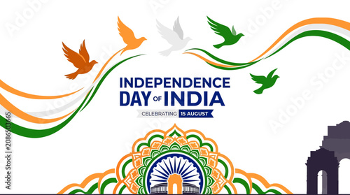India Independence Day Celebration Banner with Birds and Ashoka Chakra