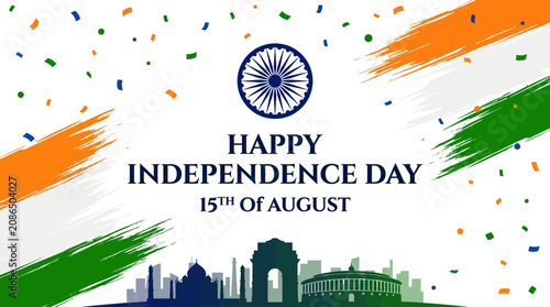 Happy Independence Day India concept with Ashoka Chakra and confetti