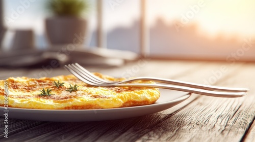 Fresh plain omelet on white plate with silver fork