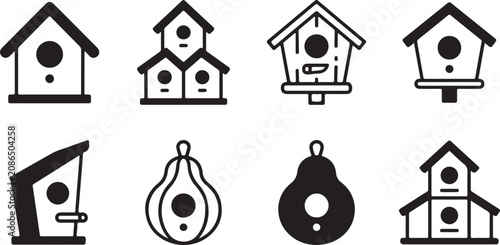 Fotografie Set of eight different birdhouse icons in black and white vector style Vector