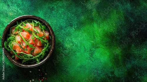 Fresh salmon poke bowl on textured green background.