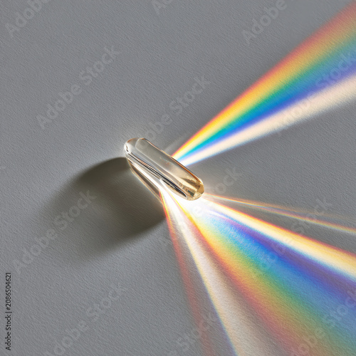 A glass prism refracts white light into a spectrum of rainbow colors on a gray surface.
