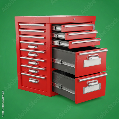 Red metal toolbox with open and closed drawers