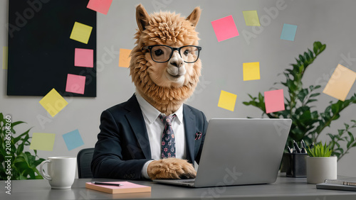 Funny fluffy alpaca wearing business suit and glasses working at corporate office desk with laptop, whimsical surreal commercial concept