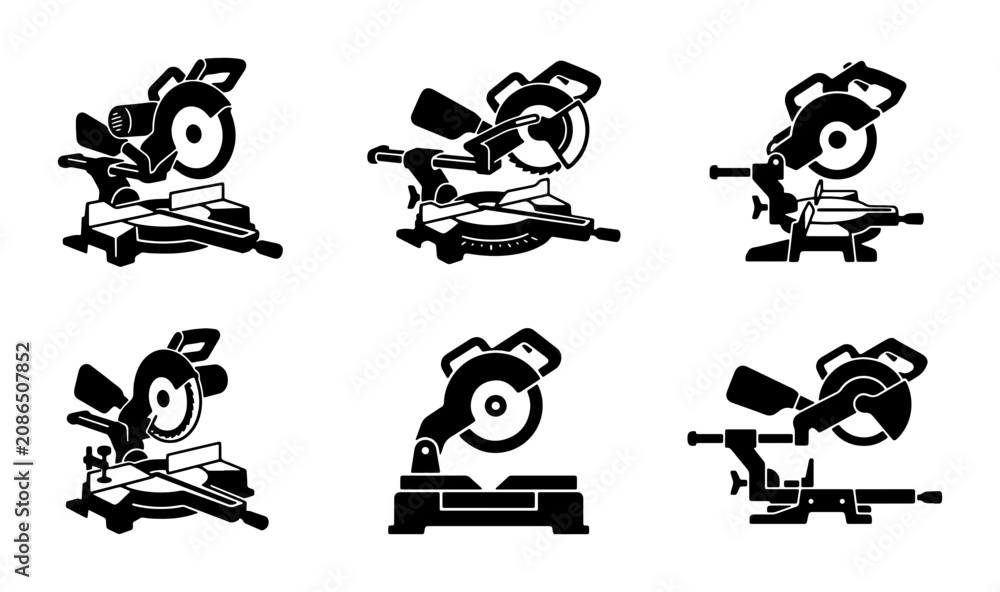 Obraz premium Miter Saw Icons Set, Precision Cutting Tools Vector Graphics, Woodworking Equipment Silhouettes