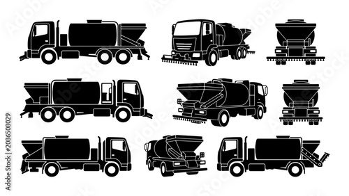 Schilderij op canvas Set of Black Silhouettes of Salt Spreader Trucks, Winter Road Maintenance Vehicl