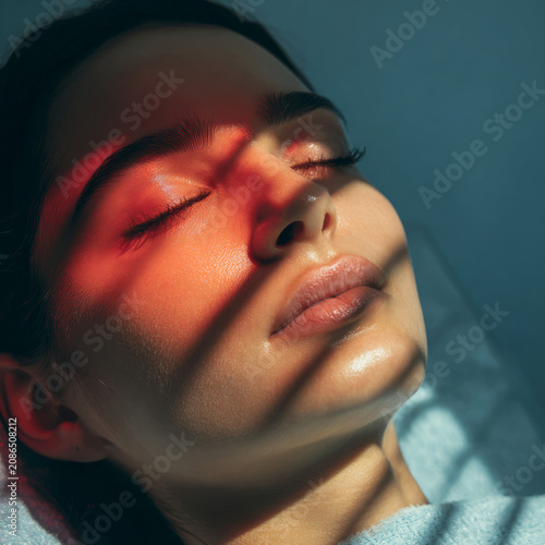 Close-up portrait of a young woman with eyes closed, bathed in warm sunlight and shadow patterns.