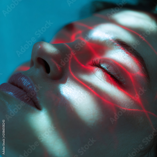 Close-up of a woman's face with red laser light patterns across her eyes and forehead, suggesting technology or medical treatment.