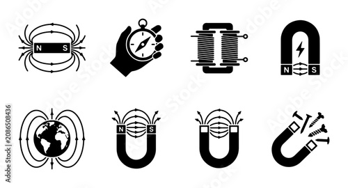 Tableau sur toile Magnetism Icons, Physics Symbols, Magnetic Field Lines, Science Vector Set