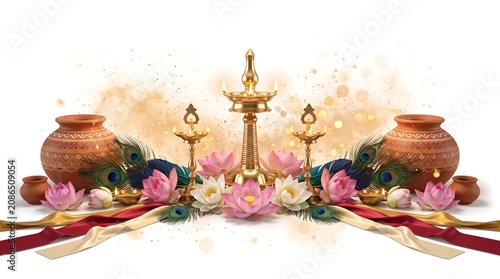 Traditional Indian festive decoration with brass oil lamps lotus flowers and clay pots on white background.