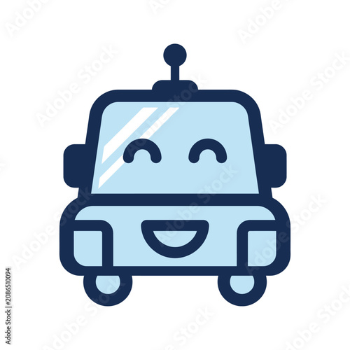 Cute blue smiling robot car icon on white background