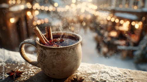 Steaming mug of mulled wine with cinnamon sticks and star anise at a festive winter market.