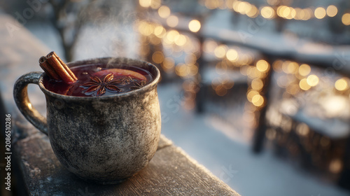 Cozy winter evening with a warm mug of mulled wine and festive lights.